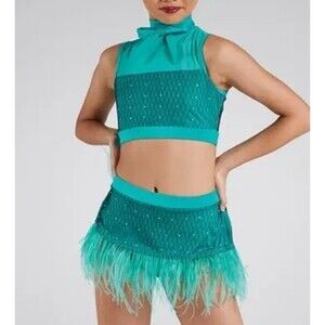 Weissman Elite Dance Costume SA Rhinestones & Ostrich Feathers Teal Bow 2pc Set